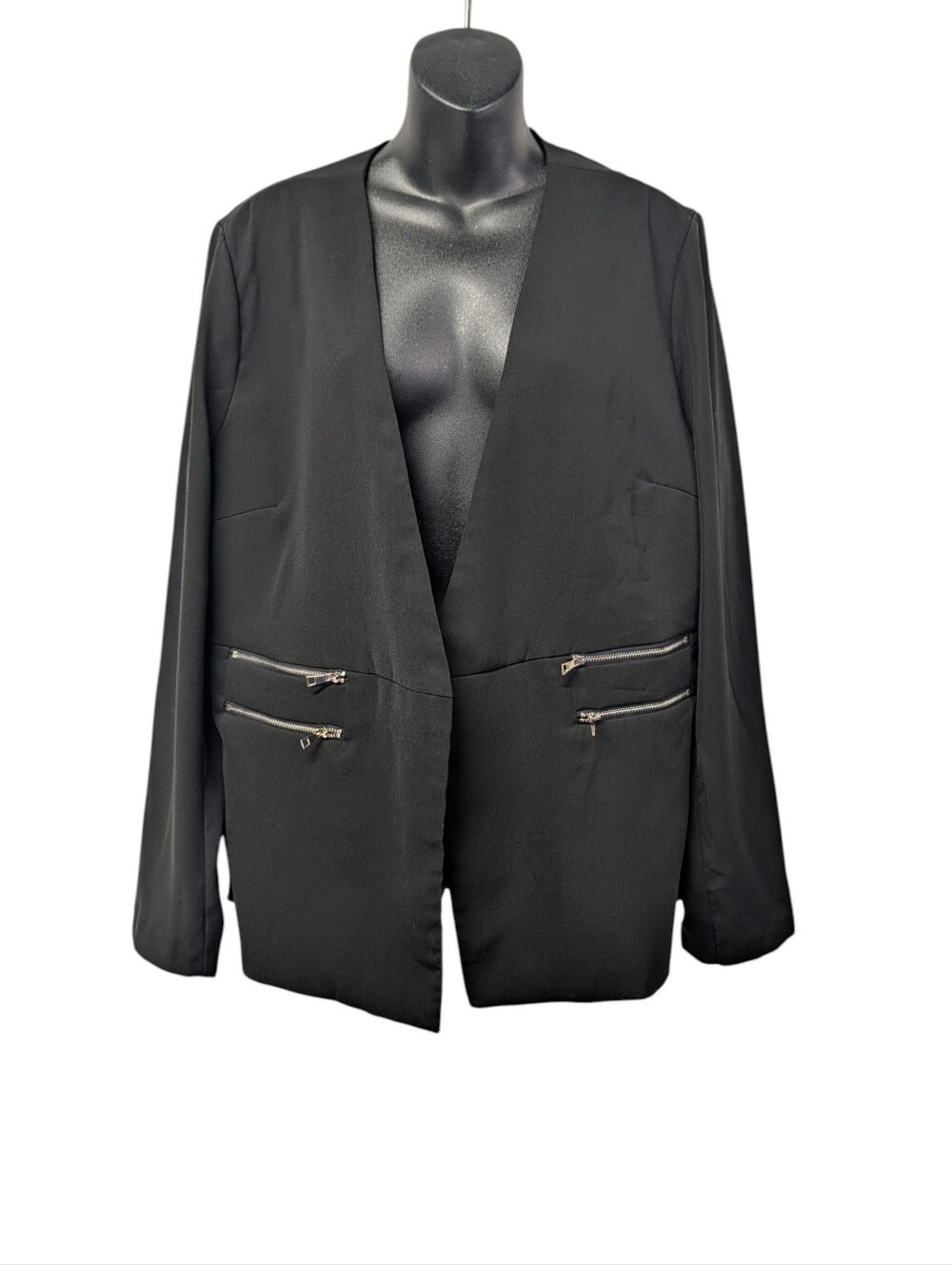 Doe & Rae Womens Black Open Front Lined Jacket Size L Zipper Pocket Details NWT